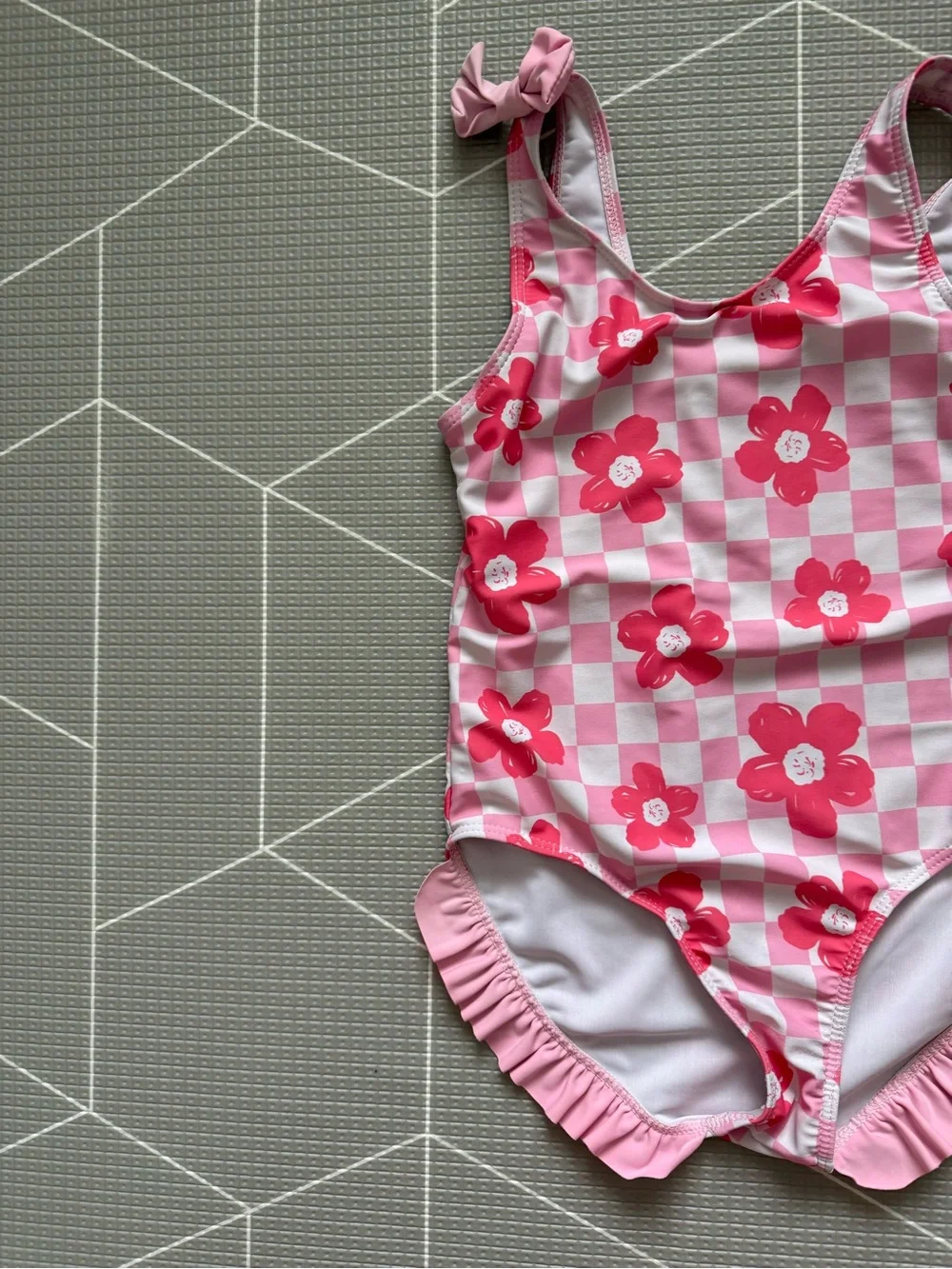 Small shop|Big girl swimsuit,Pink Floral Checkerboard One-Piece Swimsuit,boho•7 - Picture 2 of 7